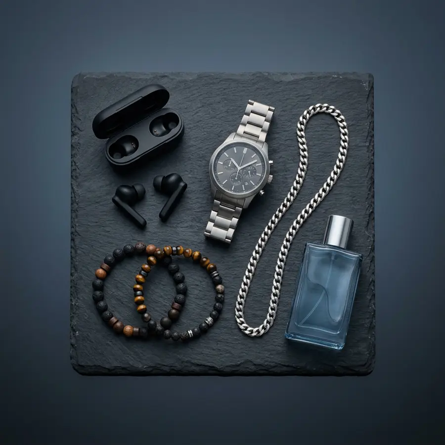 Black earbuds, a steel watch, bracelets, a silver chain and cologne on dark slate