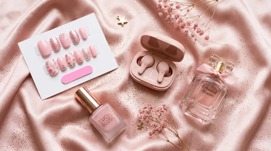 Press-on nails, nail polish, pink earbuds and perfume on pink satin